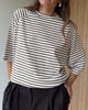 T-shirt z bawełny w czekoladowe paski, luźny krój oversize, kobieca stylizacja w stylu kapsułowym, marka Patchouli.